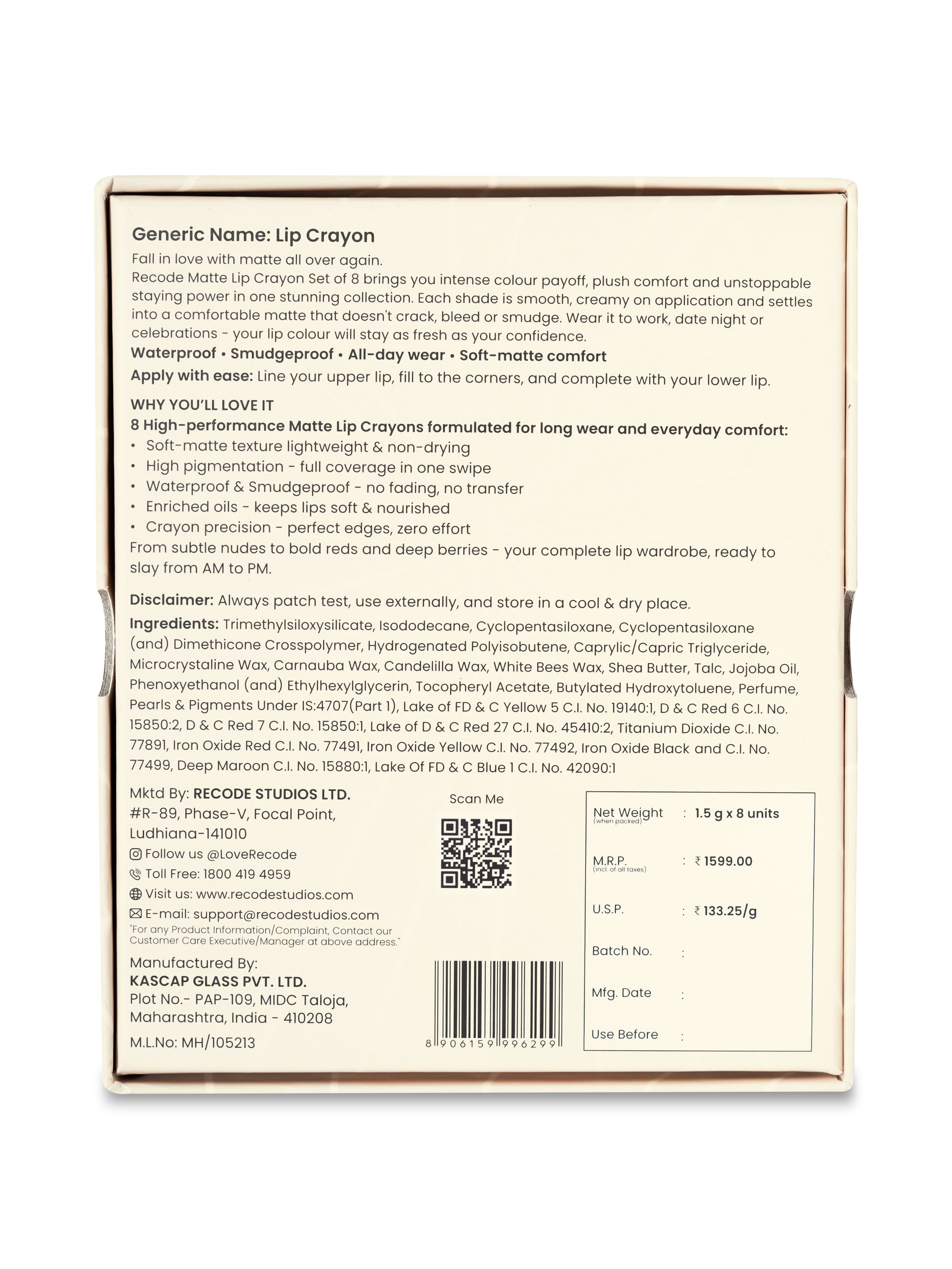 Recode Smudge-proof and waterproof Lip Crayon Set Of 8 (1.5 G X 8)