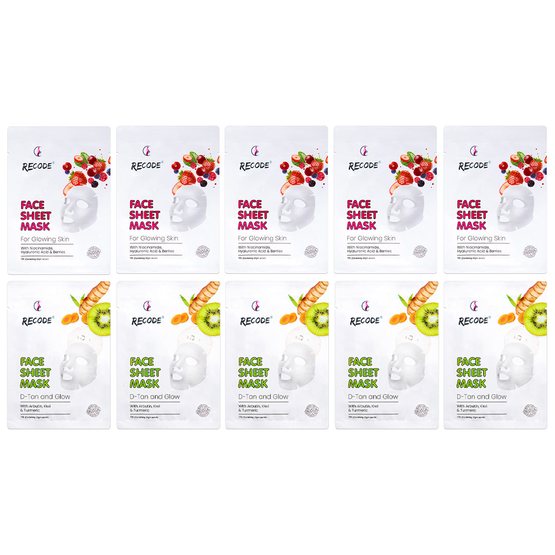 Recode De-Tan Sheet Mask And Glow Sheet Mask Combo (Pack of 5 + 5 )