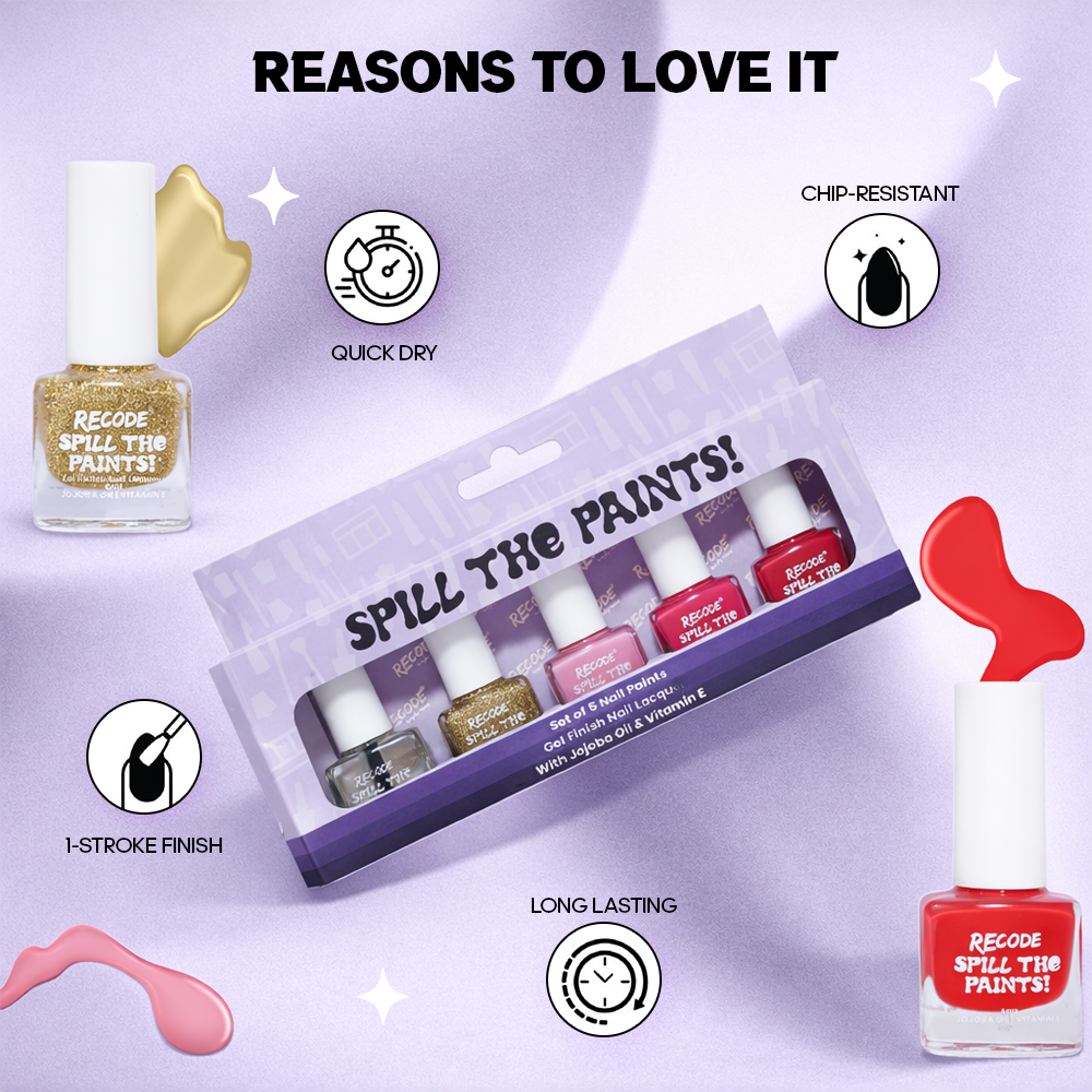 Recode Combo Purple & Red Spill The Paints Nail Paint Set Of 5 X 2 (10 X 5ML)